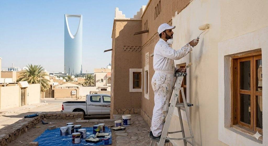 فني محترف يقوم بأعمال طلاء الجدران والديكورات الداخلية بدقة وإتقان باستخدام أحدث الأدوات والمواد عالية الجودة ضمن خدمات معلم بويه حي الريان لضمان مظهر جمالي وعصري وراحة العملاء.