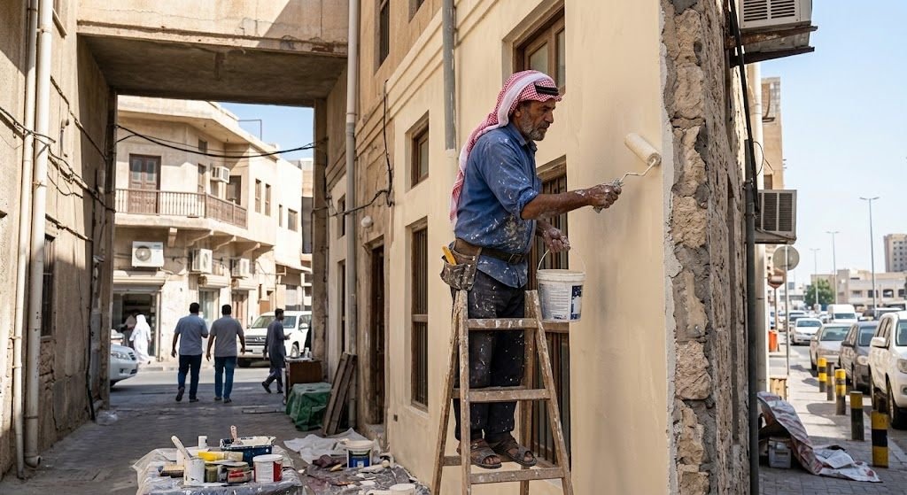 فني محترف يقوم بأعمال طلاء الجدران والأسقف بدقة وأمان باستخدام أحدث المعدات وأجود أنواع الدهانات ضمن خدمات معلم بويه حي الملك فيصل لضمان مظهر جمالي وعصري وراحة العملاء.